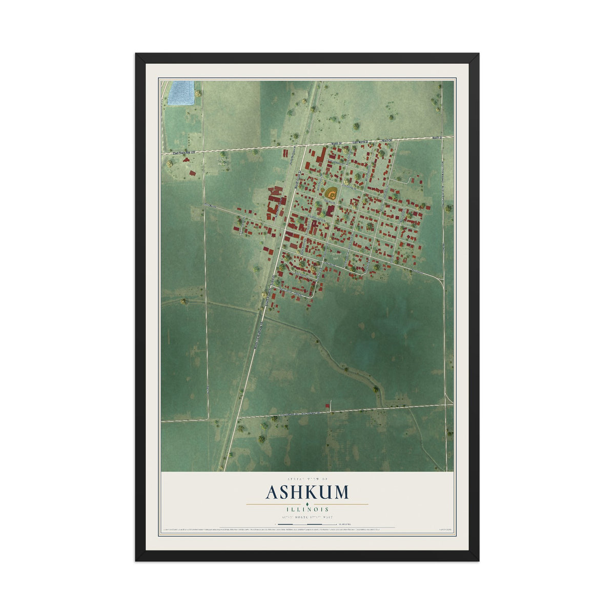 Map of Ashkum, Illinois, 12 x 18 inch print in a black wood frame