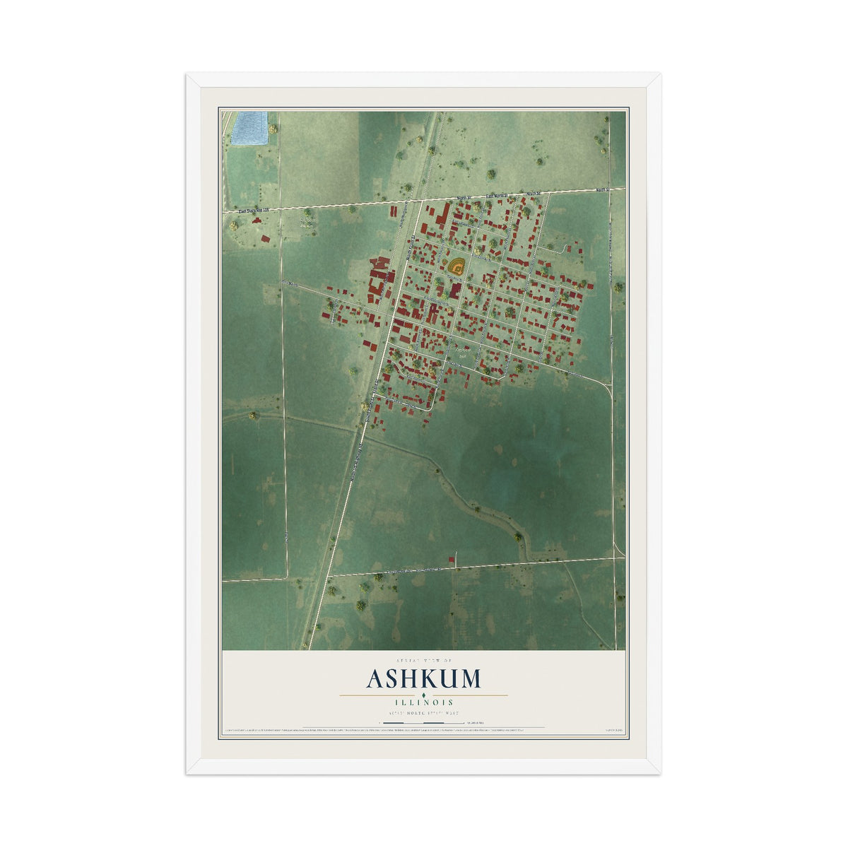 Map of Ashkum, Illinois, 12 x 18 inch print in a white wood frame