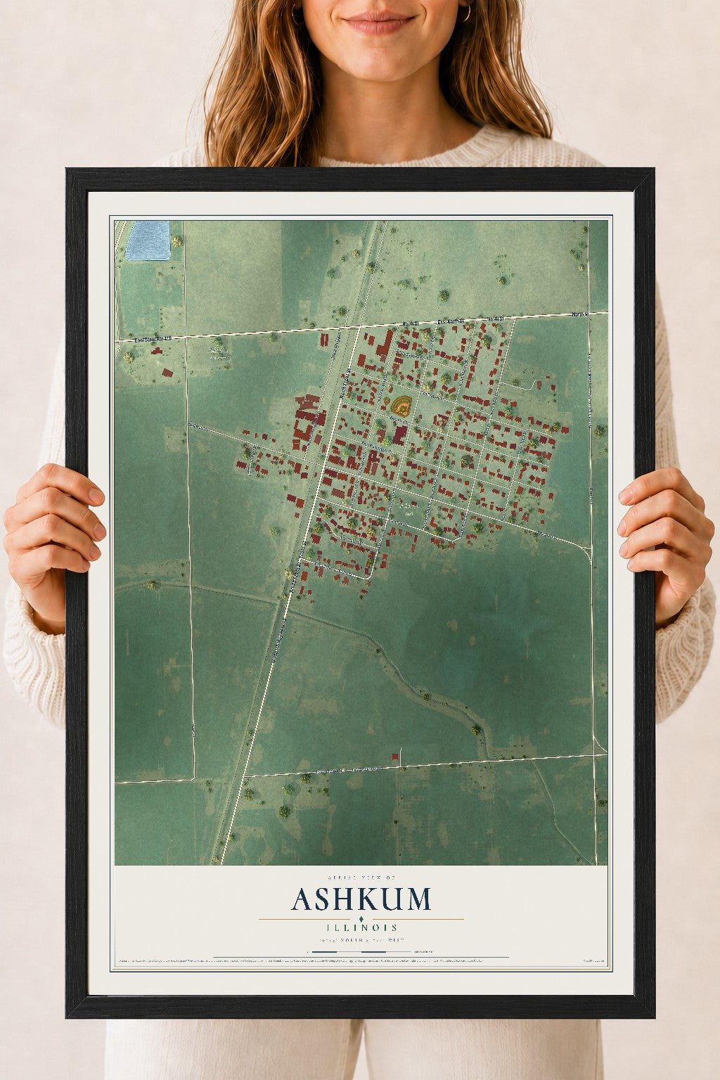Map of Ashkum, Illinois, 18 x 24 inch print in a black wood frame