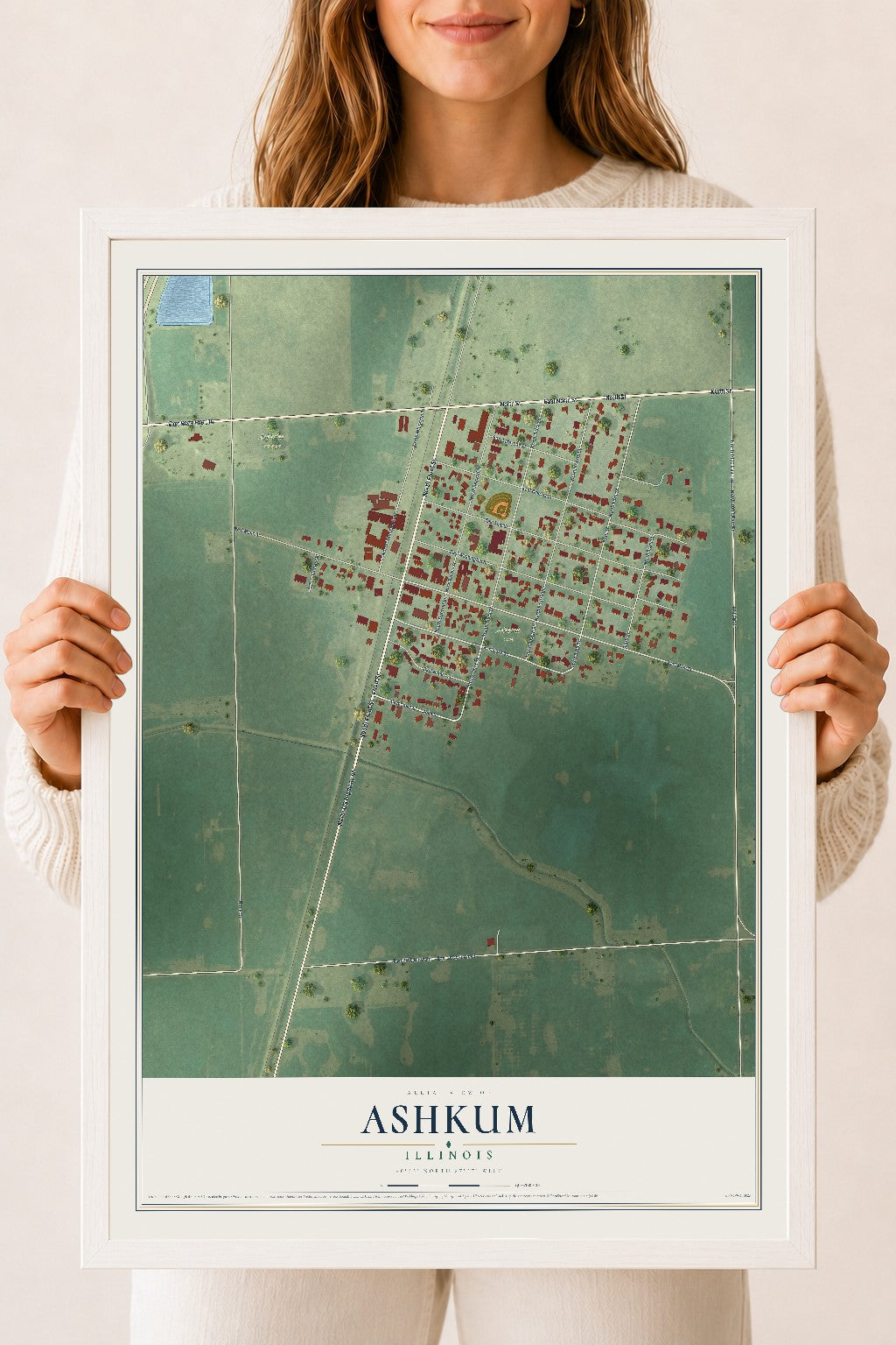 Map of Ashkum, Illinois, 18 x 24 inch print in a white wood frame