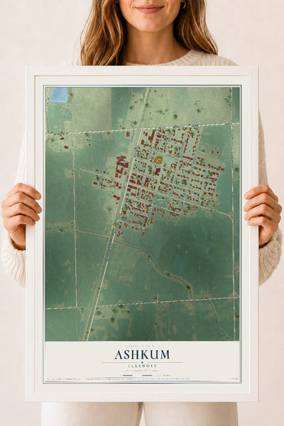 Map of Ashkum, Illinois, 18 x 24 inch print in a white wood frame