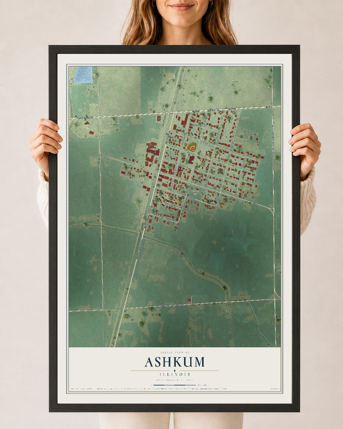 Map of Ashkum, Illinois, 24 x 36 inch print in a black wood frame