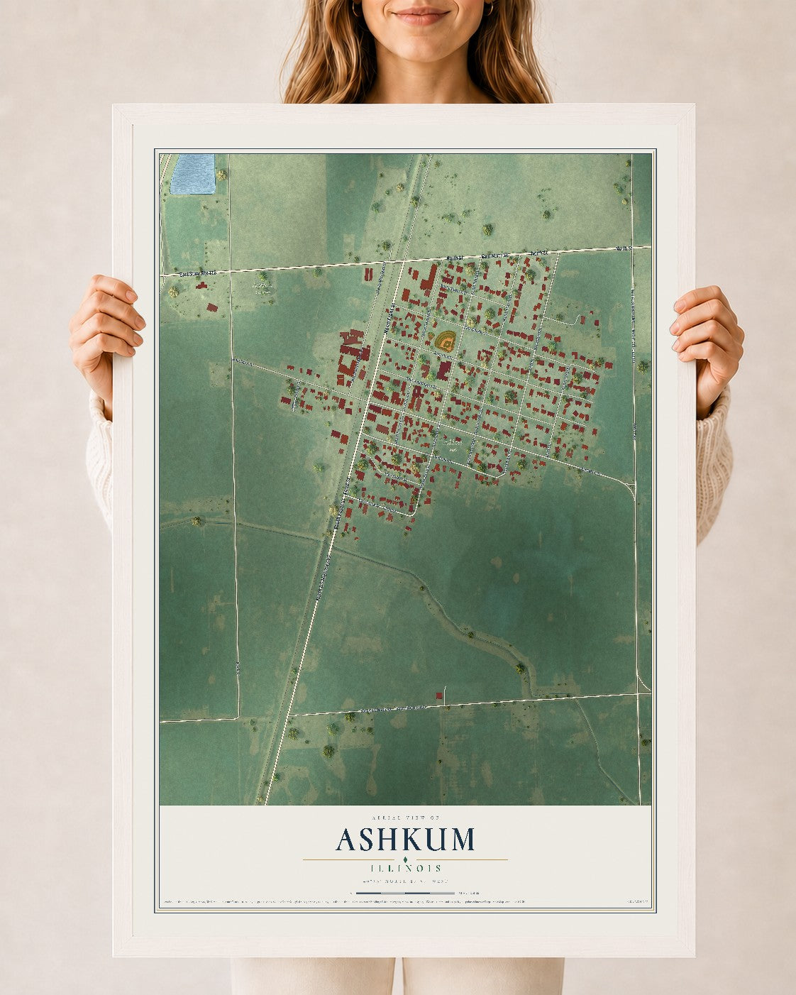 Map of Ashkum, Illinois, 24 x 36 inch print in a white wood frame