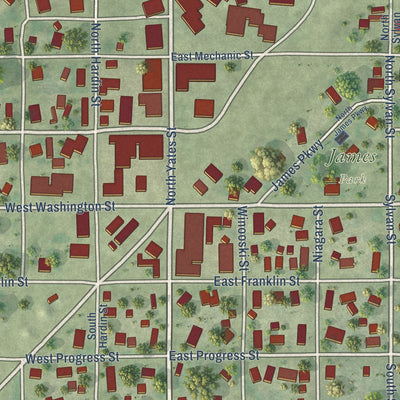 Close-up of the map of Ashland, Illinois print showing street and building detail