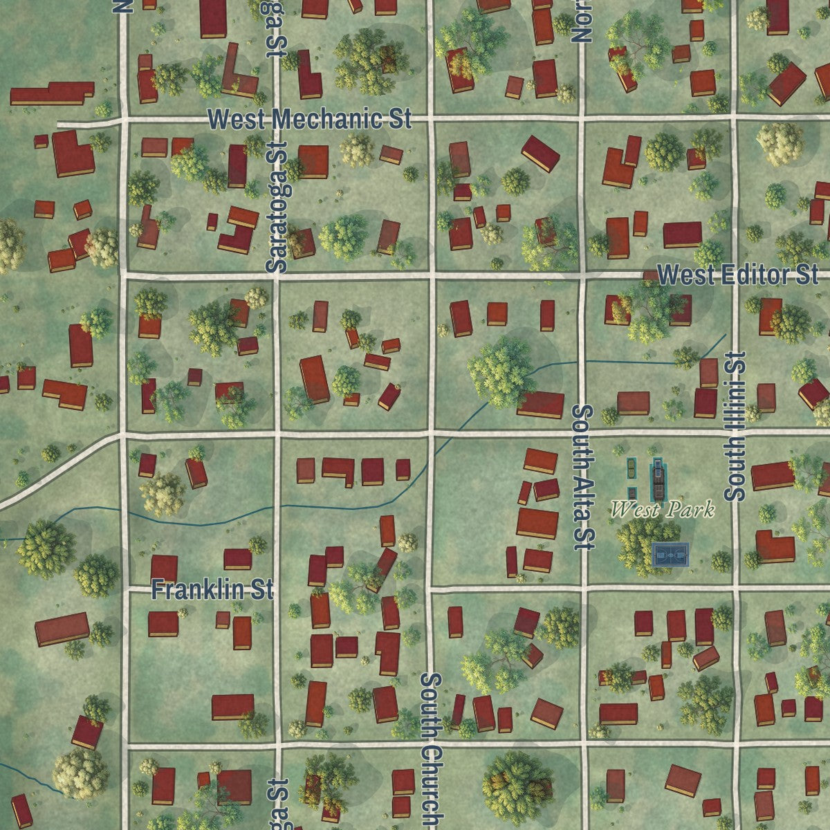 Second close-up of the map of Ashland, Illinois print showing more streets and buildings