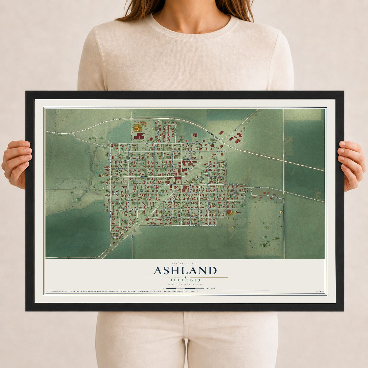 Map of Ashland, Illinois, 12 x 18 inch print in a black wood frame