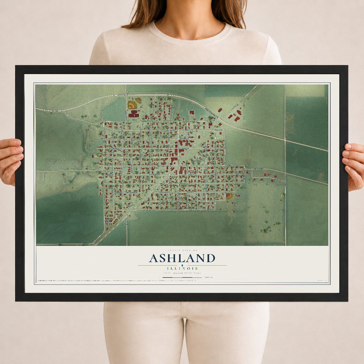 Map of Ashland, Illinois, 18 x 24 inch print in a black wood frame