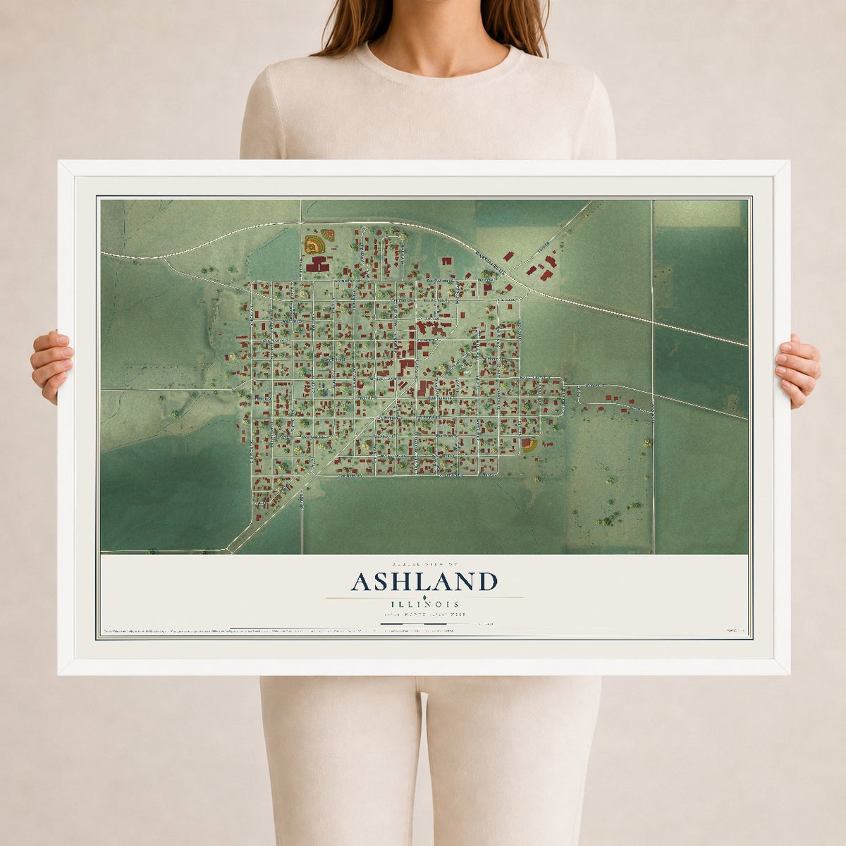 Map of Ashland, Illinois, 24 x 36 inch print in a white wood frame