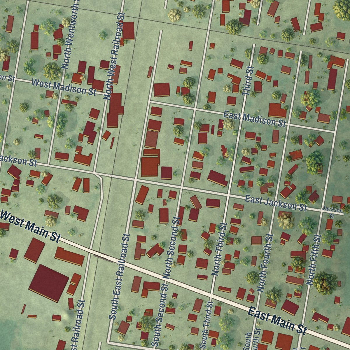 Close-up of the map of Ashley, Illinois print showing street and building detail