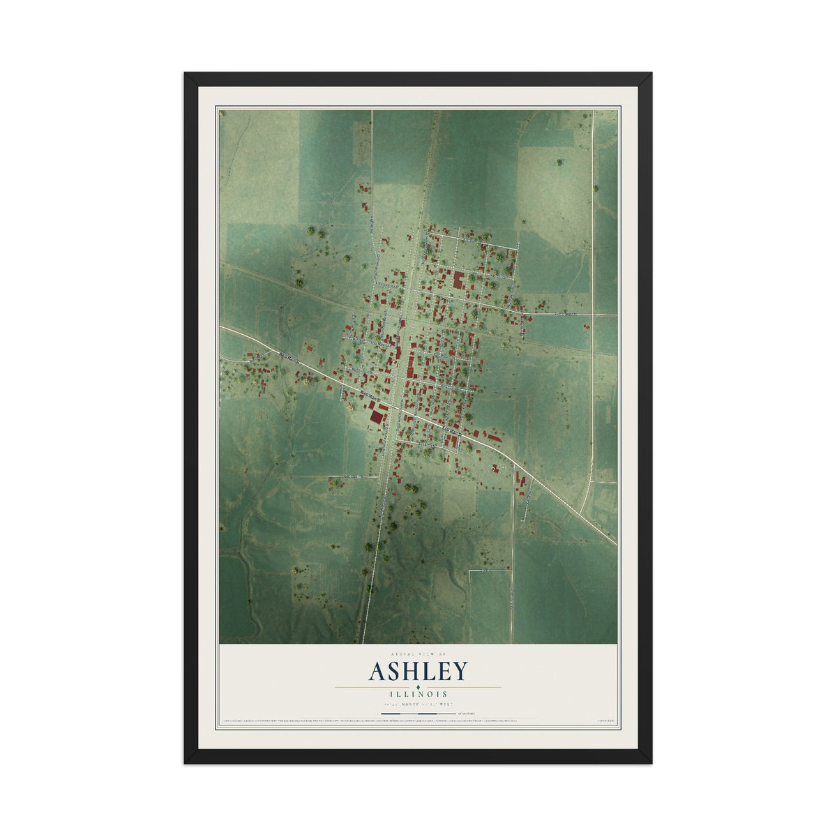 Map of Ashley, Illinois, 12 x 18 inch print in a black wood frame