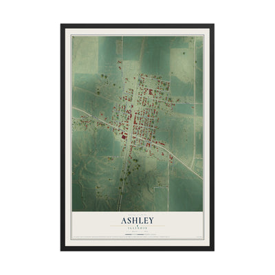 Map of Ashley, Illinois, 12 x 18 inch print in a black wood frame