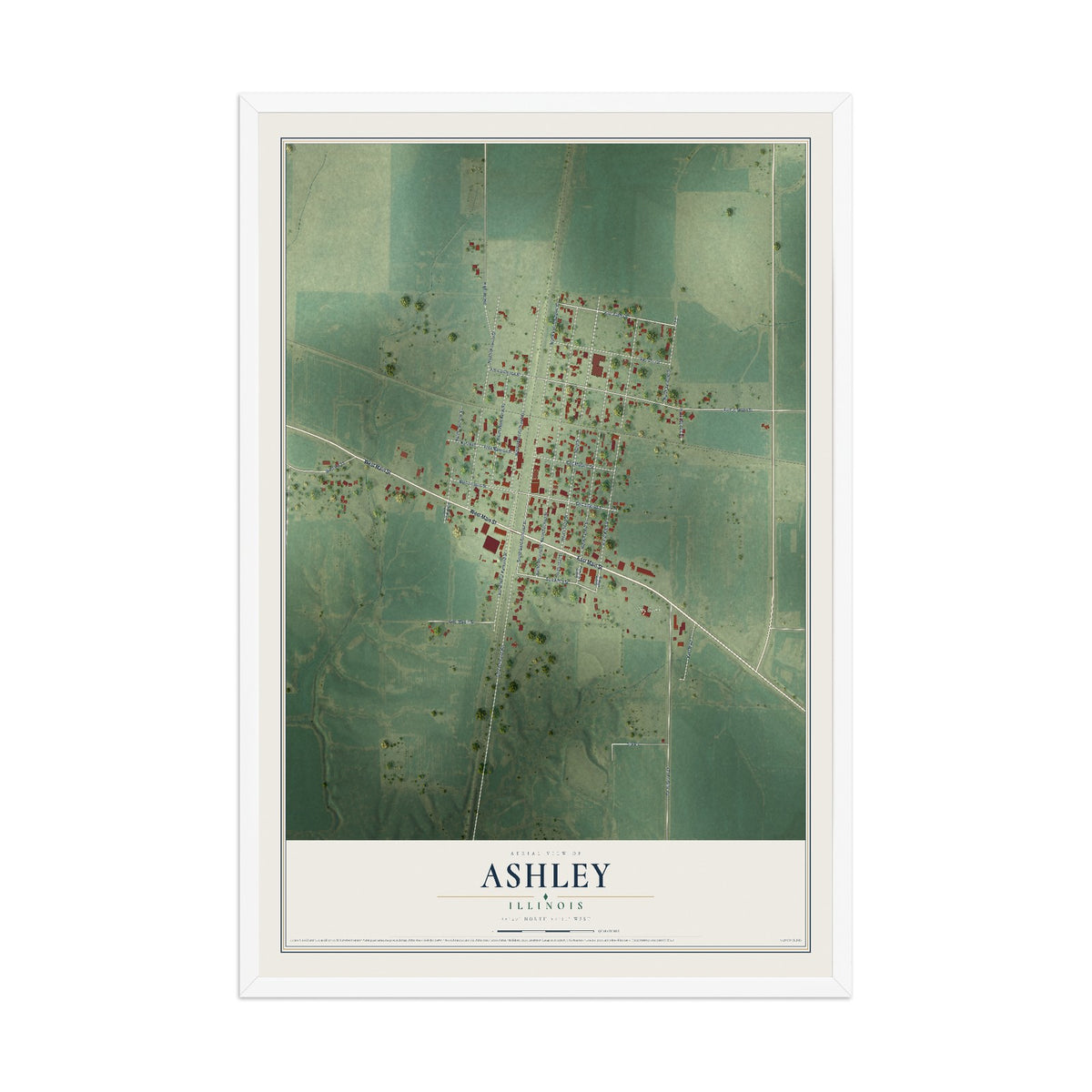 Map of Ashley, Illinois, 12 x 18 inch print in a white wood frame
