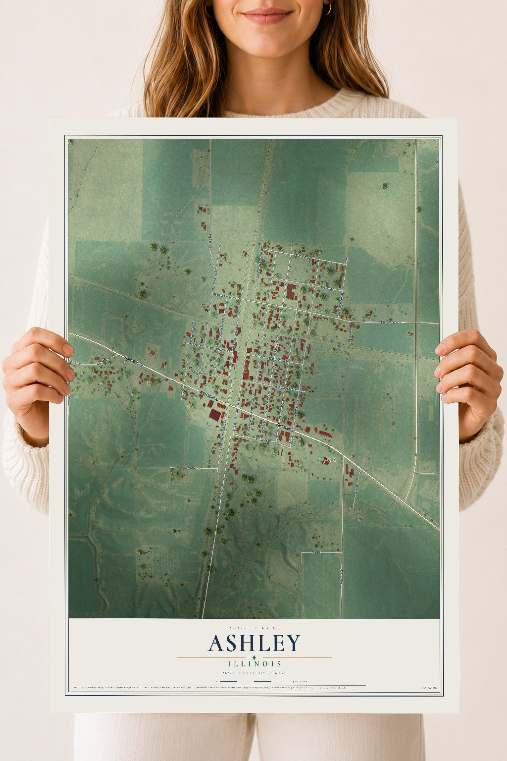 Map of Ashley, Illinois, 18 x 24 inch unframed archival matte print