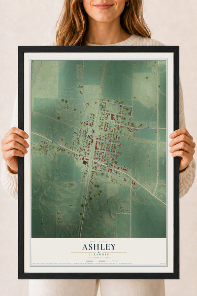 Map of Ashley, Illinois, 18 x 24 inch print in a black wood frame