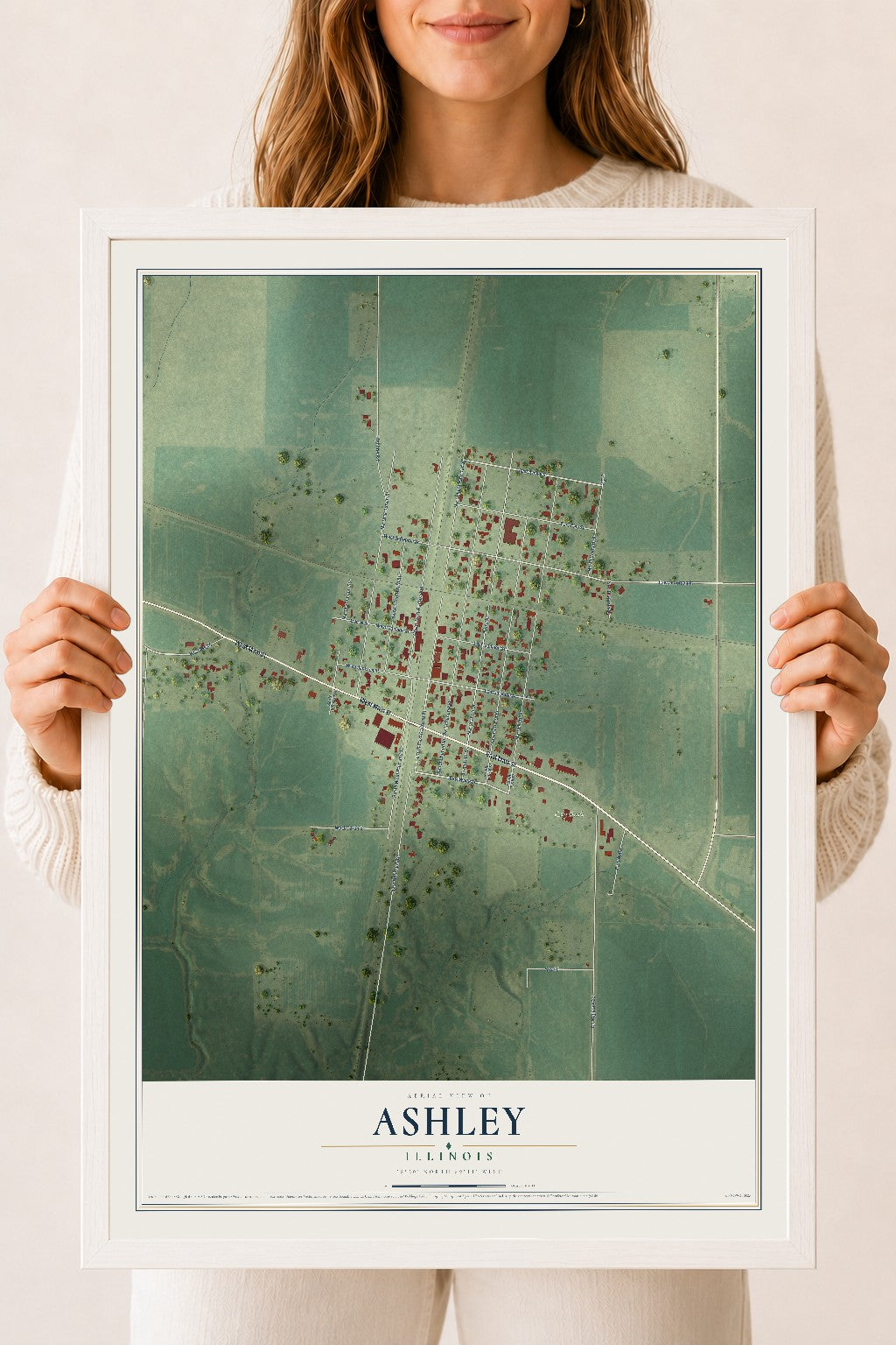 Map of Ashley, Illinois, 18 x 24 inch print in a white wood frame