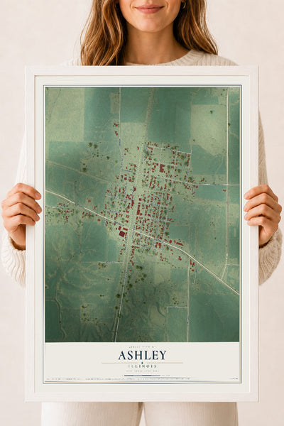 Map of Ashley, Illinois, 18 x 24 inch print in a white wood frame
