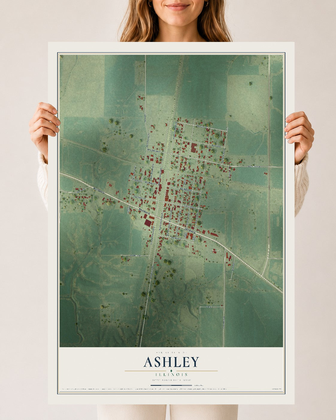 Map of Ashley, Illinois, 24 x 36 inch unframed archival matte print