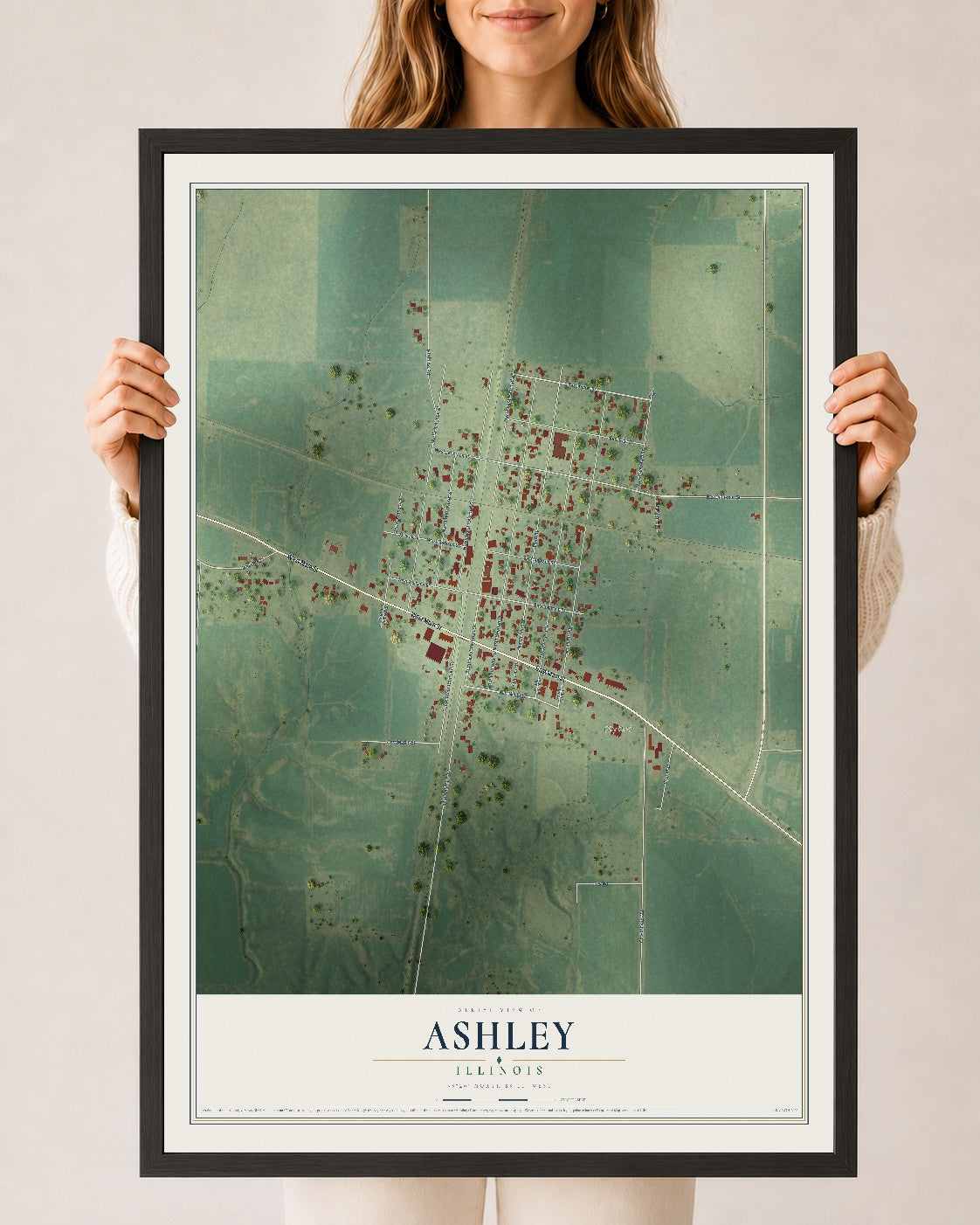 Map of Ashley, Illinois, 24 x 36 inch print in a black wood frame