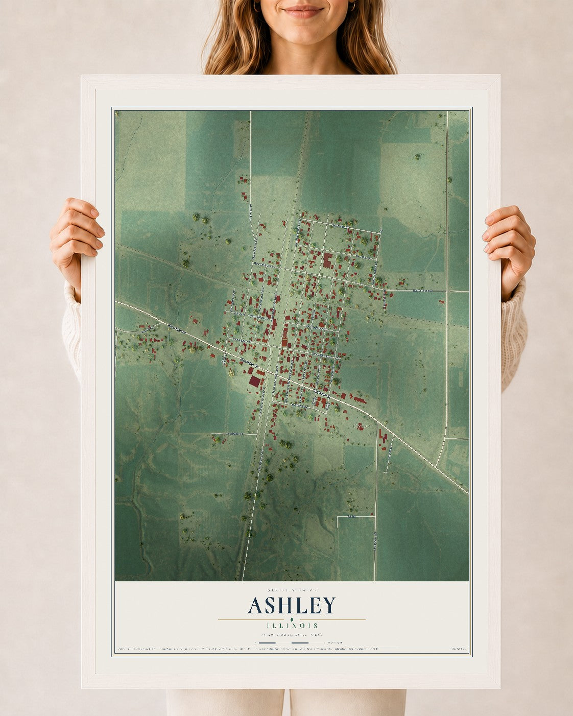 Map of Ashley, Illinois, 24 x 36 inch print in a white wood frame