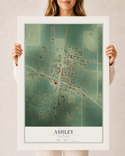 Map of Ashley, Illinois, 24 x 36 inch print in a white wood frame