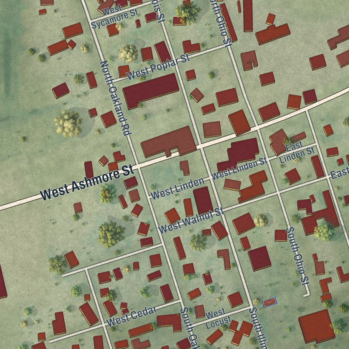 Close-up of the map of Ashmore, Illinois print showing street and building detail