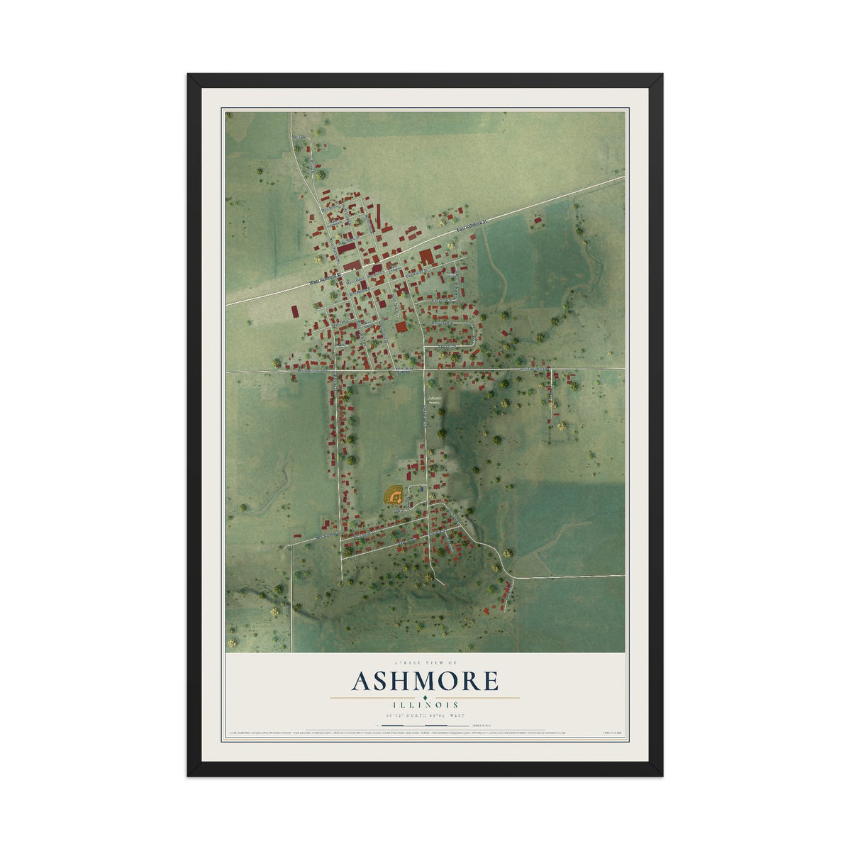 Map of Ashmore, Illinois, 12 x 18 inch print in a black wood frame