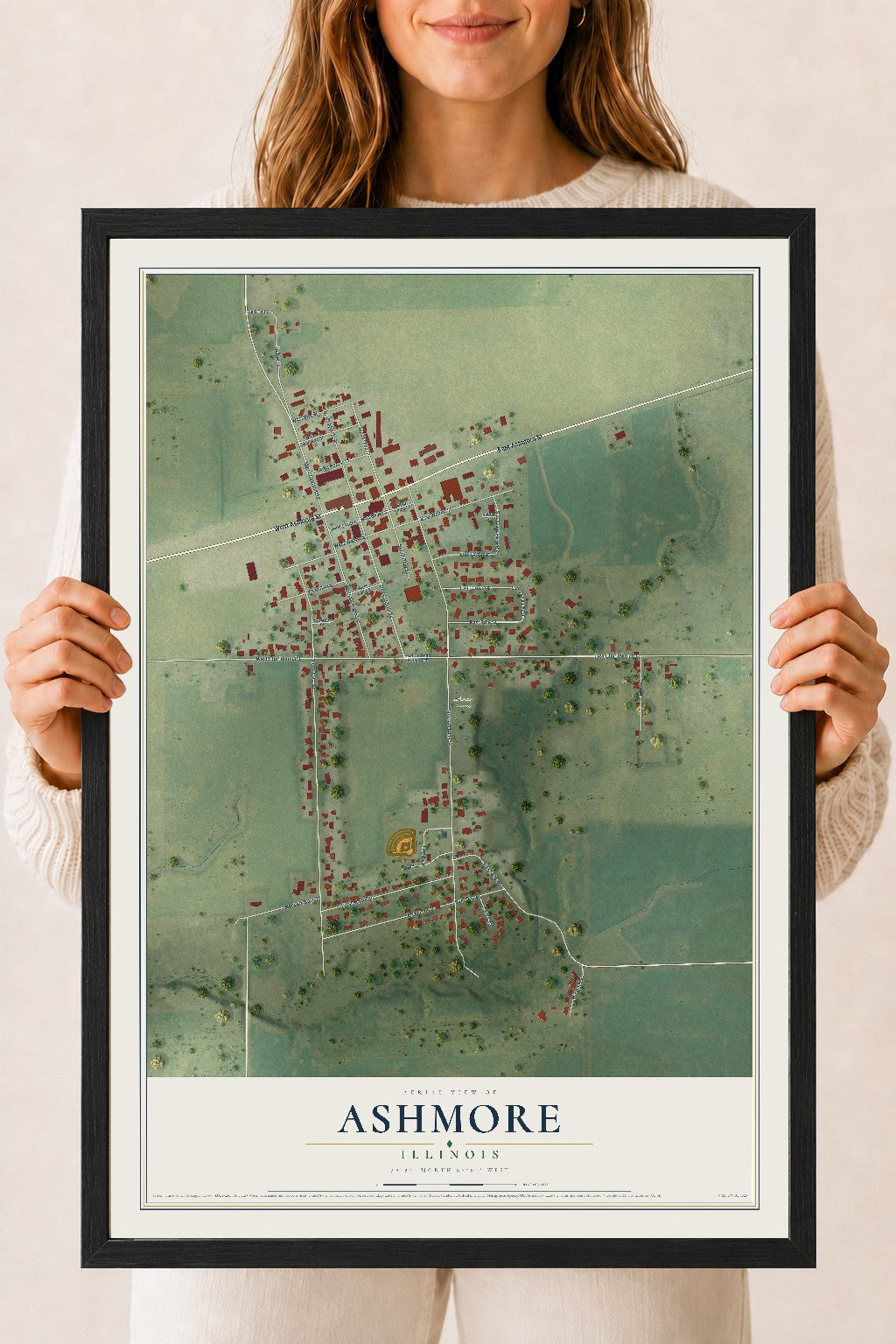 Map of Ashmore, Illinois, 18 x 24 inch print in a black wood frame