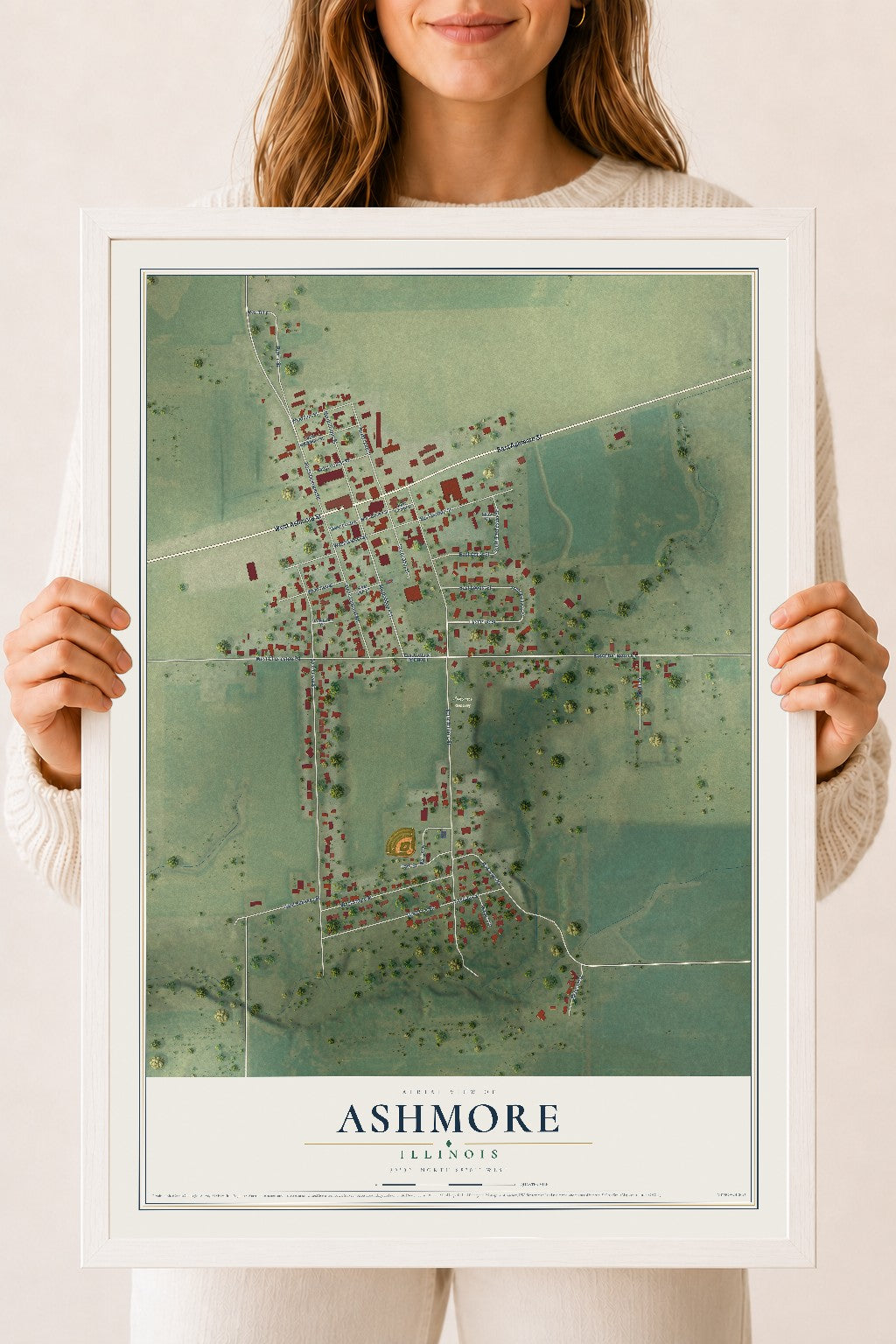Map of Ashmore, Illinois, 18 x 24 inch print in a white wood frame