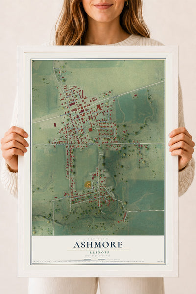 Map of Ashmore, Illinois, 18 x 24 inch print in a white wood frame