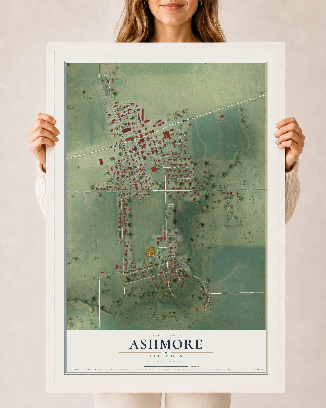 Map of Ashmore, Illinois, 24 x 36 inch print in a white wood frame