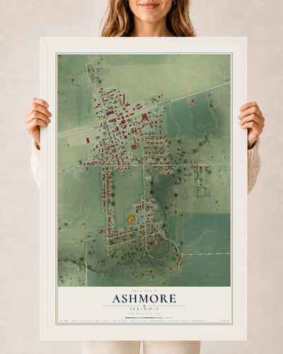 Map of Ashmore, Illinois, 24 x 36 inch print in a white wood frame