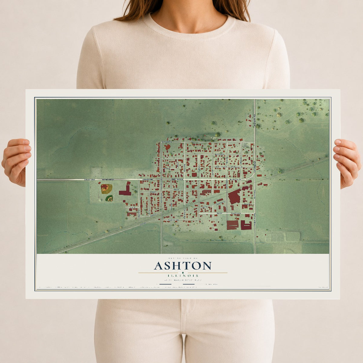 Map of Ashton, Illinois, 12 x 18 inch unframed archival matte print