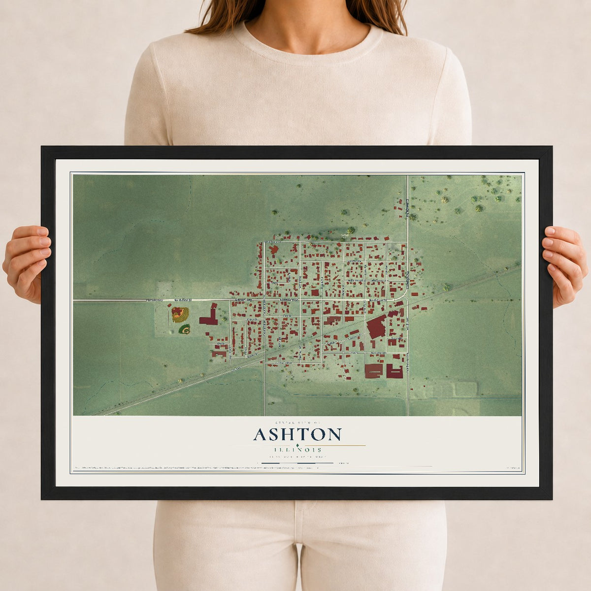 Map of Ashton, Illinois, 12 x 18 inch print in a black wood frame