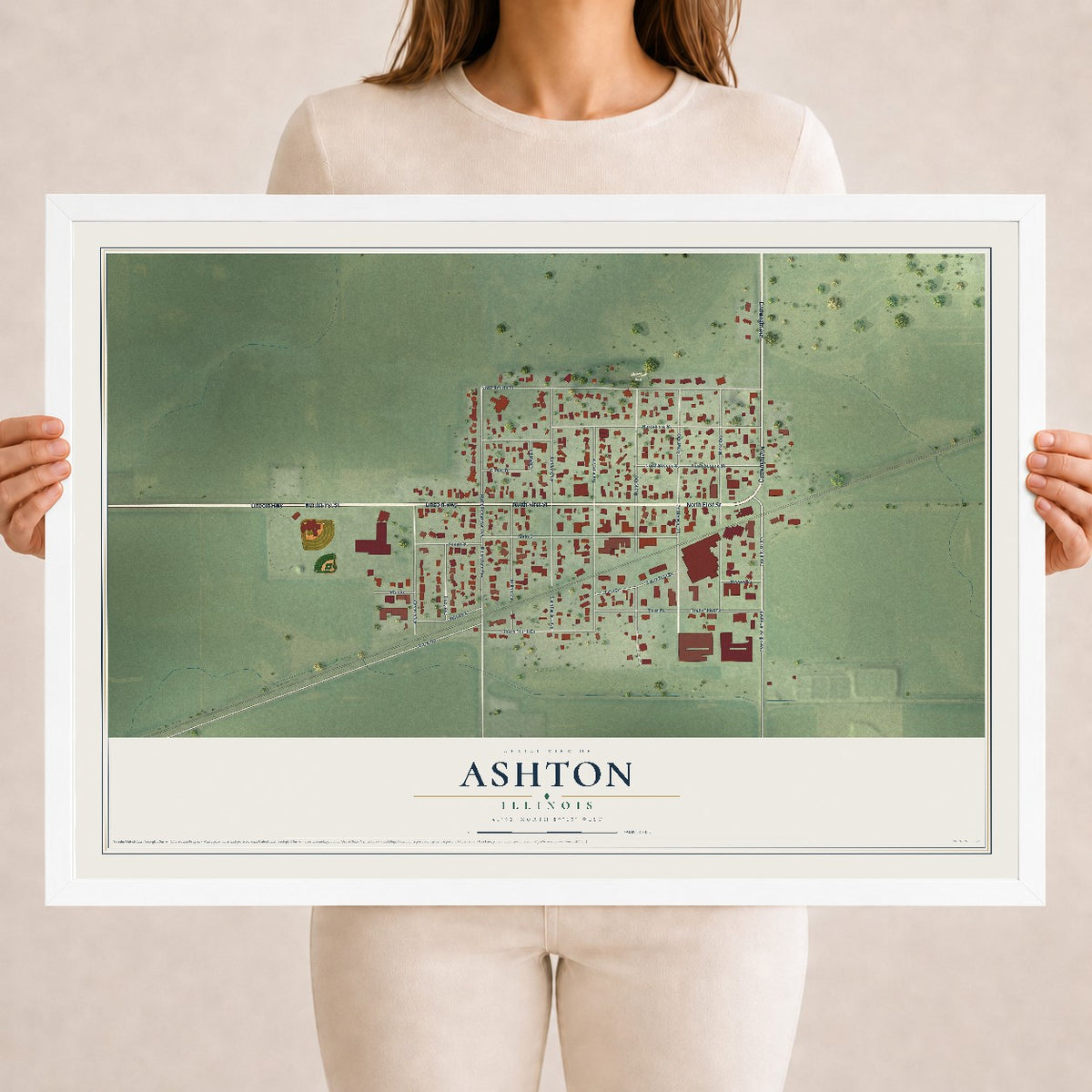 Map of Ashton, Illinois, 18 x 24 inch print in a white wood frame