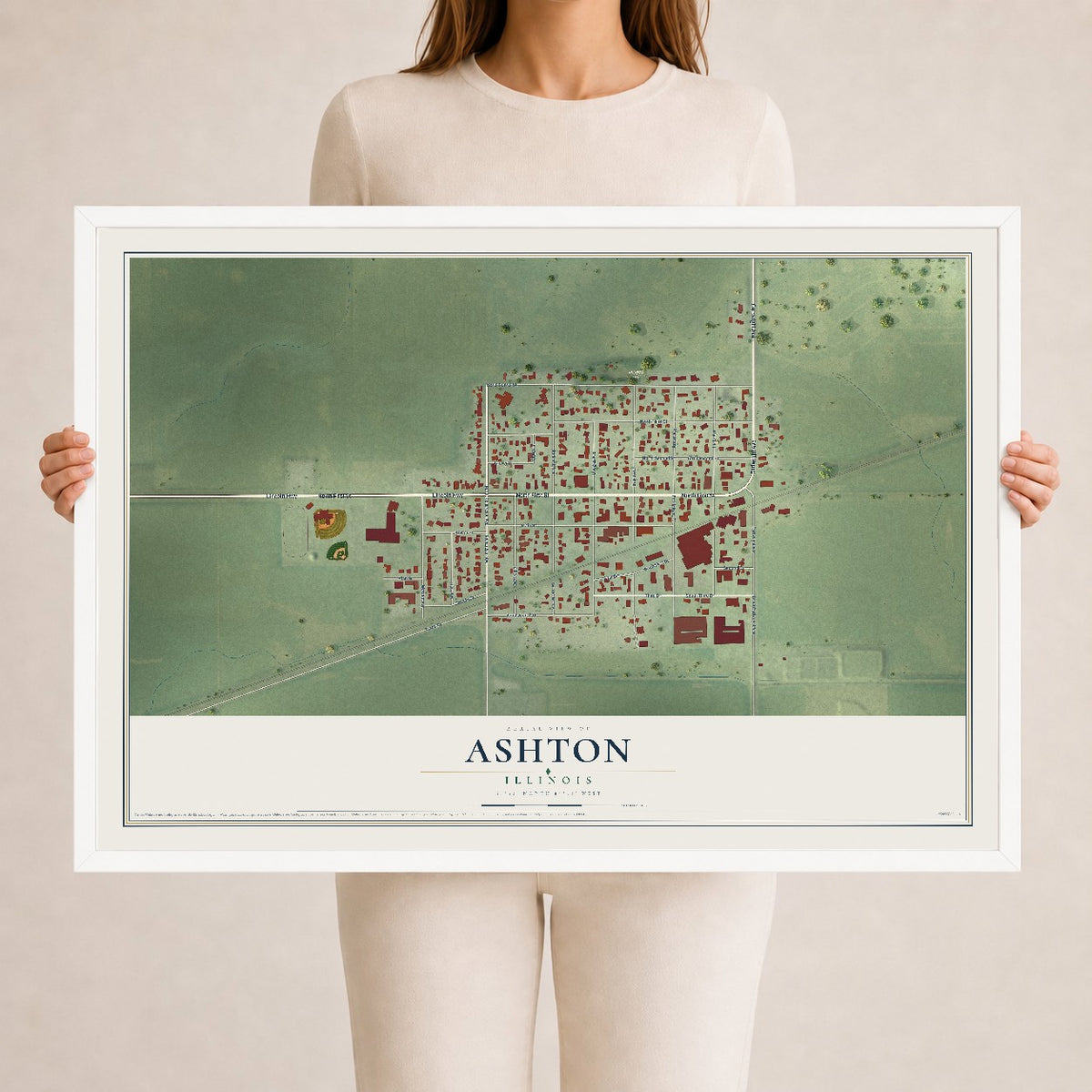 Map of Ashton, Illinois, 24 x 36 inch print in a white wood frame