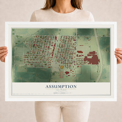 Map of Assumption, Illinois, 18 x 24 inch print in a white wood frame