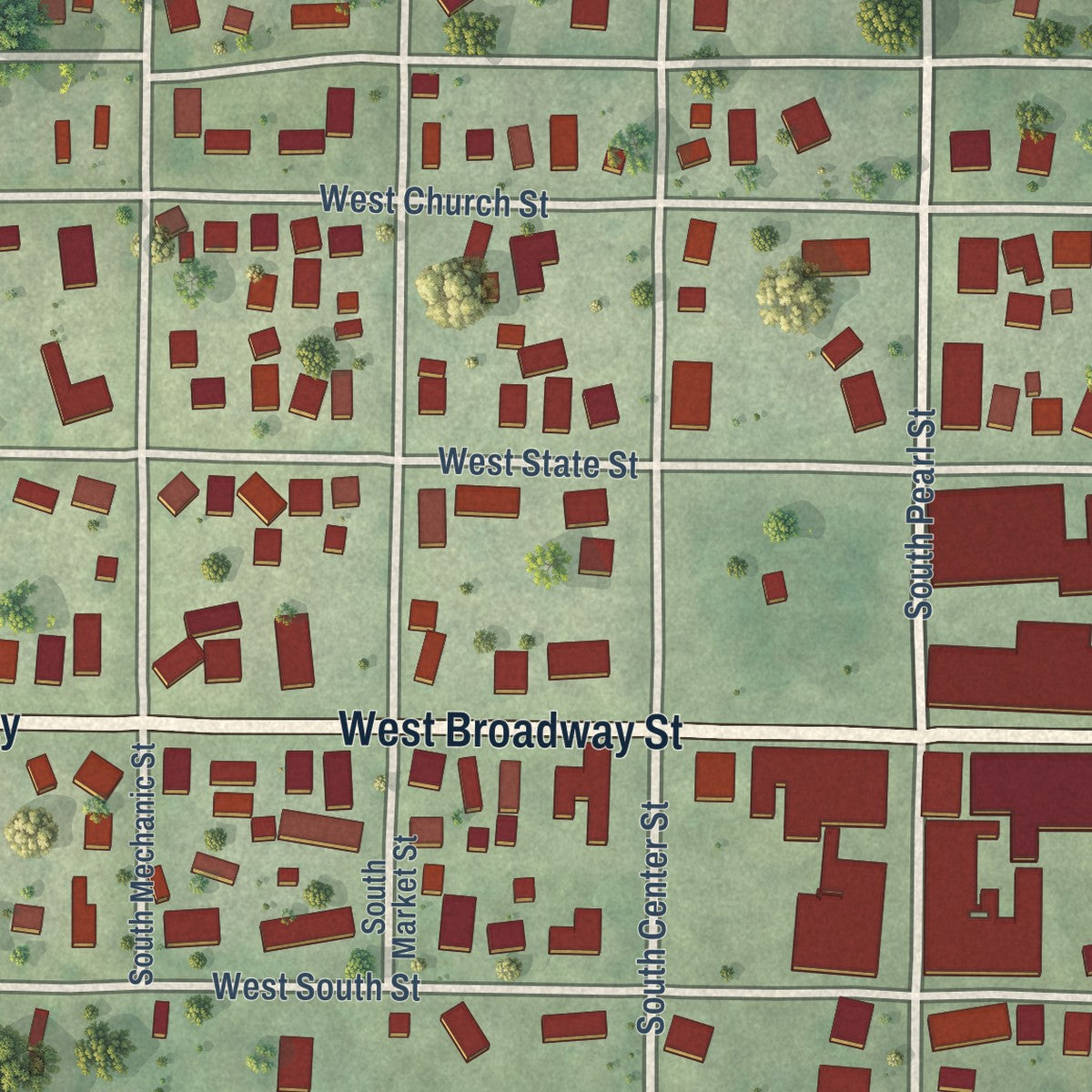 Close-up of the map of Astoria, Illinois print showing street and building detail