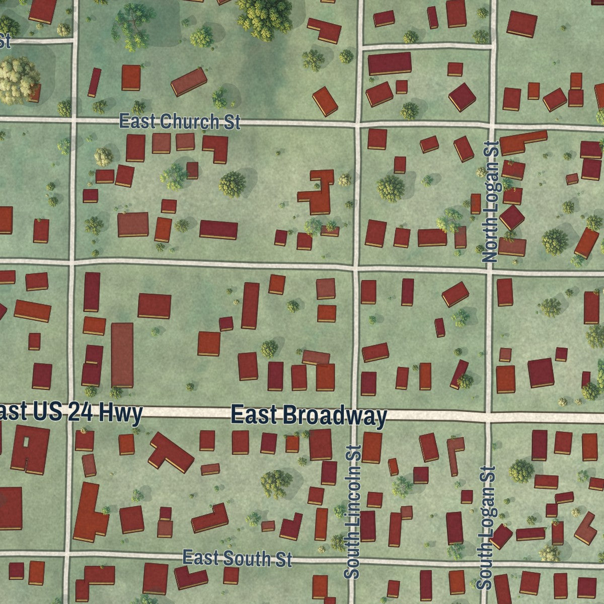 Second close-up of the map of Astoria, Illinois print showing more streets and buildings