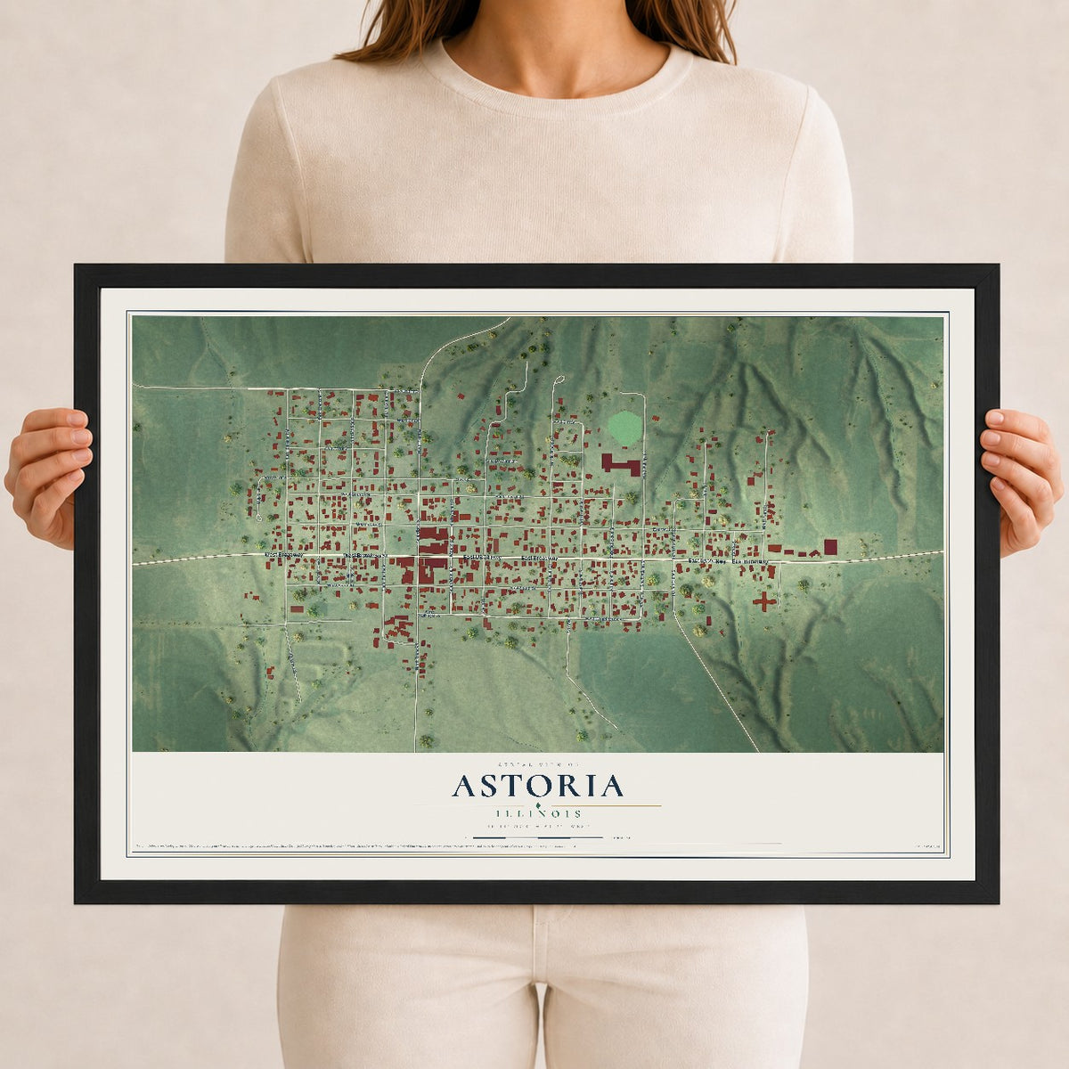 Map of Astoria, Illinois, 12 x 18 inch print in a black wood frame
