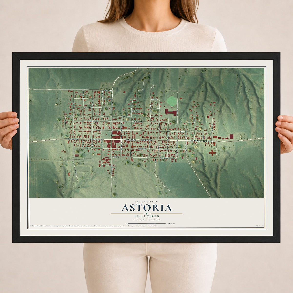 Map of Astoria, Illinois, 18 x 24 inch print in a black wood frame