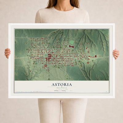 Map of Astoria, Illinois, 24 x 36 inch print in a white wood frame
