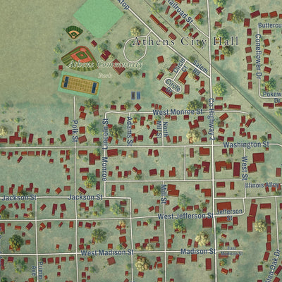 Close-up of the map of Athens, Illinois print showing street and building detail