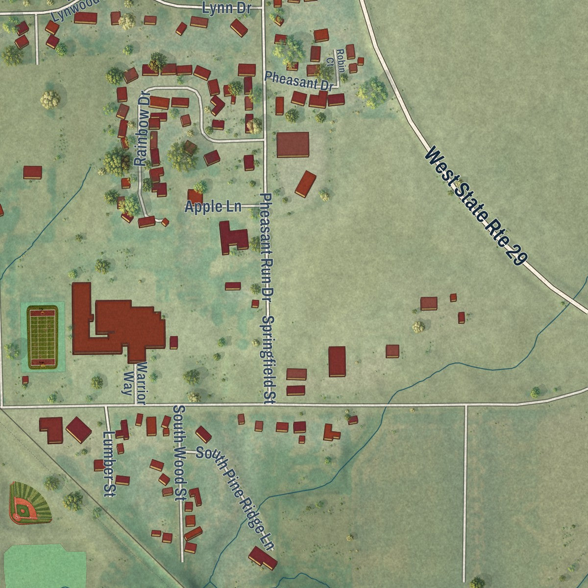 Second close-up of the map of Athens, Illinois print showing more streets and buildings