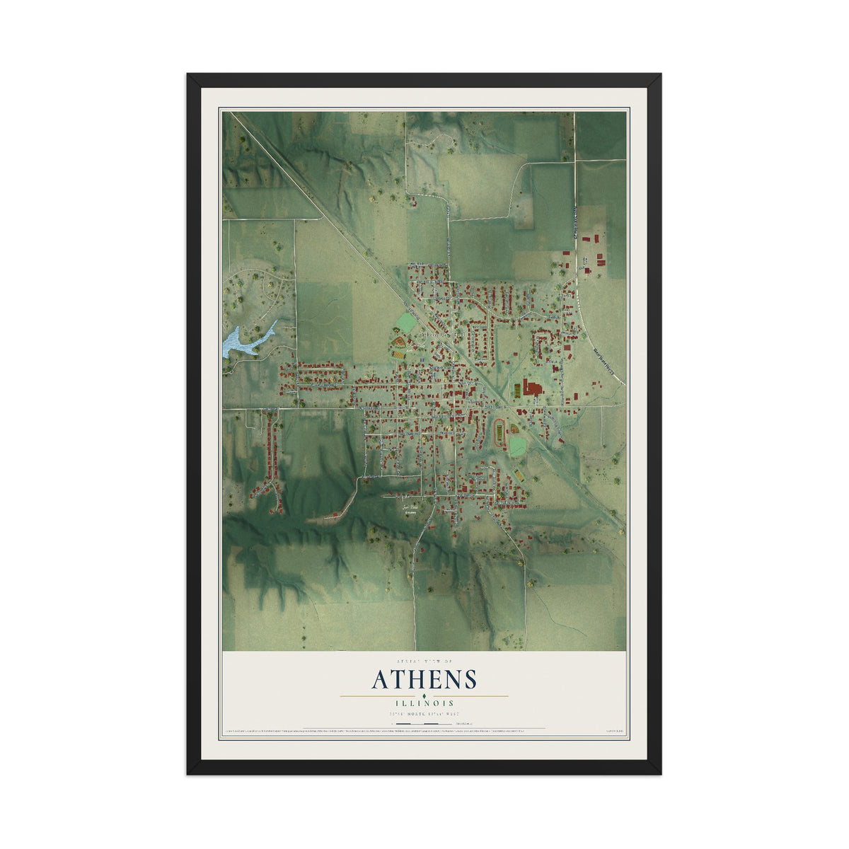 Map of Athens, Illinois, 12 x 18 inch print in a black wood frame