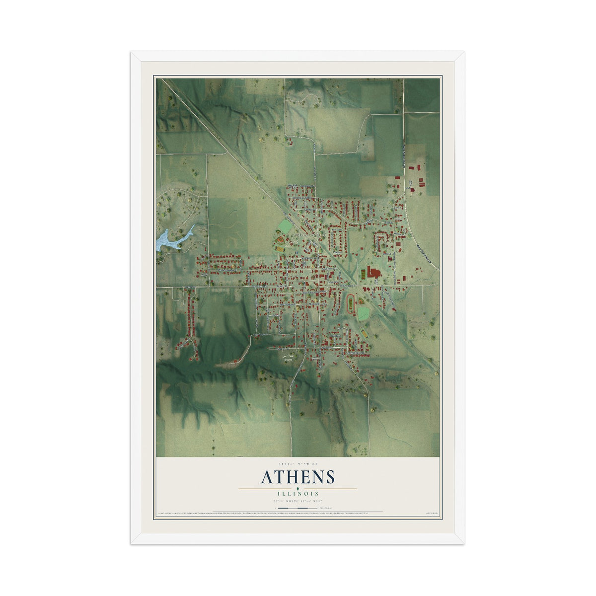 Map of Athens, Illinois, 12 x 18 inch print in a white wood frame