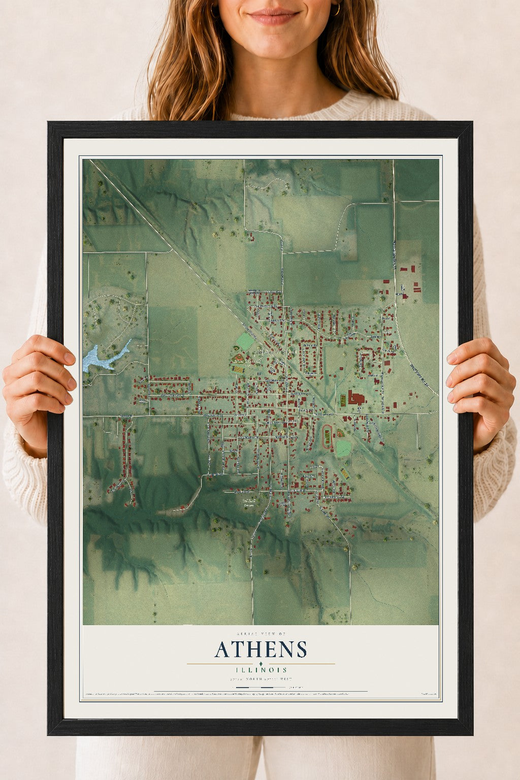 Map of Athens, Illinois, 18 x 24 inch print in a black wood frame