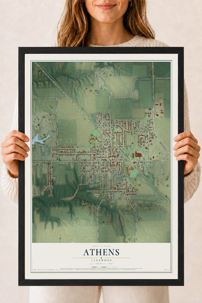 Map of Athens, Illinois, 18 x 24 inch print in a black wood frame