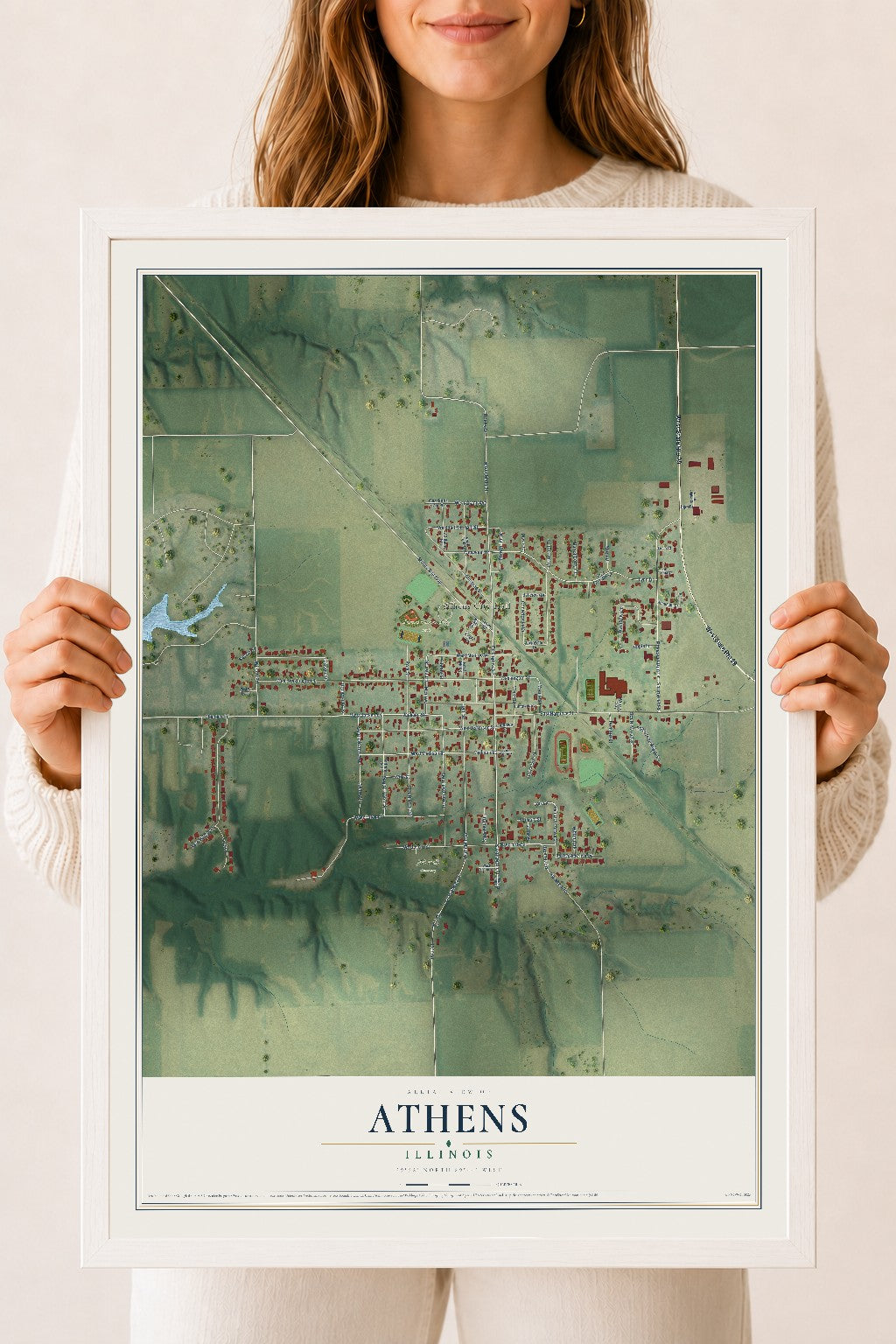 Map of Athens, Illinois, 18 x 24 inch print in a white wood frame