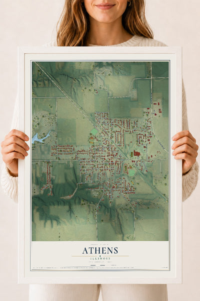 Map of Athens, Illinois, 18 x 24 inch print in a white wood frame
