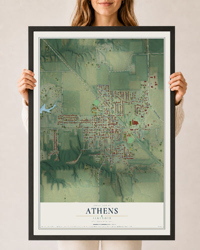 Map of Athens, Illinois, 24 x 36 inch print in a black wood frame